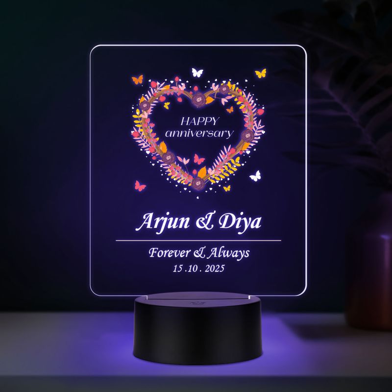 Personalized Heart Shape Couple Night Lamp Custom with Name & Date Bedside Table Lamp Couple Gift Anniversary, Wedding, Marriage, Valentine Day Multicolored Light (Anniversary Gift 1)